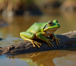 Grenouille verte sur un bois dans un étang asséché