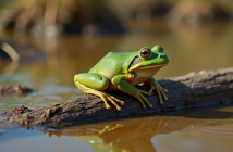 Grenouille verte sur un bois dans un étang asséché