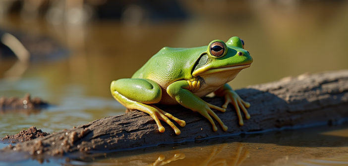 Grenouille verte sur un bois dans un étang asséché