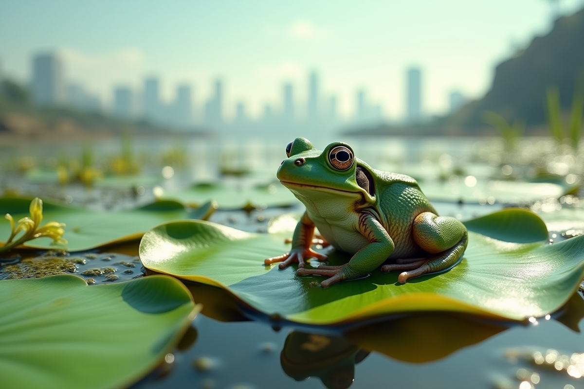 Grenouille sur une nénuphar entourée de déchets plastiques