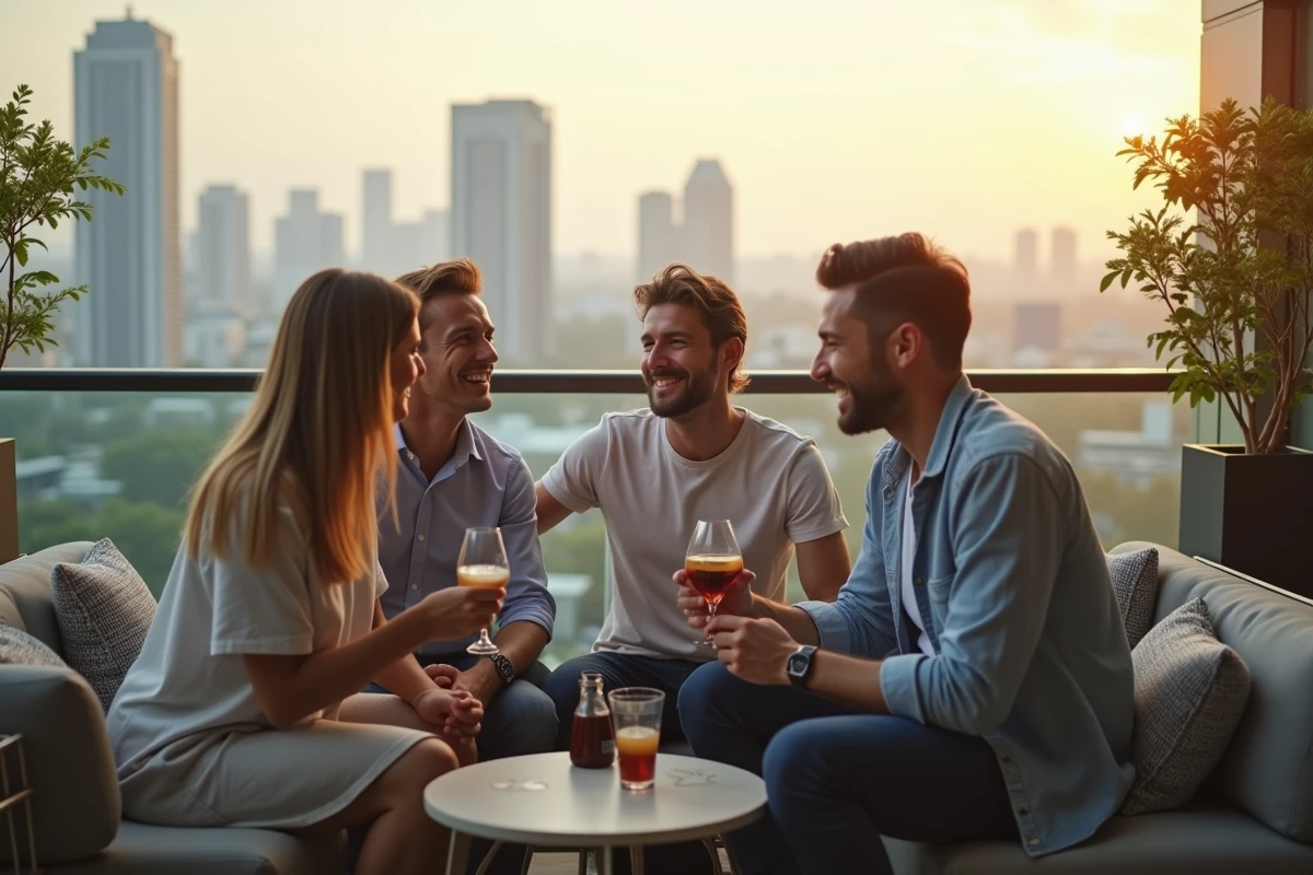 Groupe d amis discutant sur un rooftop urbain