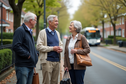 Adultes matures discutant à un arrêt de bus en banlieue
