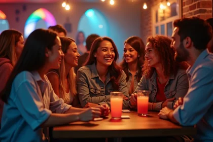Groupe d'amis riant dans un nightclub chic à Lille