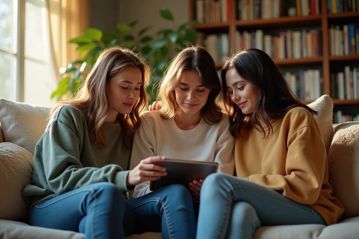 Trois amis regardant un manga sur une tablette dans un salon