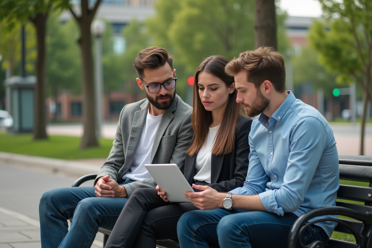 Trois millennials discutant sur un banc dans un parc