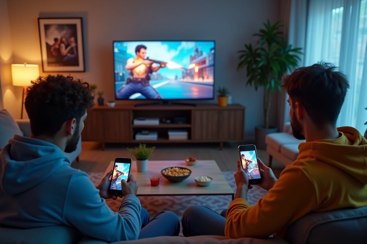 Groupe de jeunes adultes dans un salon, l'un tenant une manette de jeu vidéo pendant que les autres regardent leur téléphone, illustrant la baisse d'engagement pour les jeux en ligne comme Fortnite