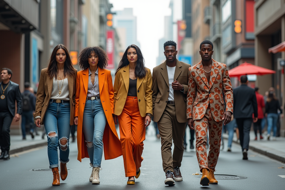 Groupe de jeunes adultes en tenues avant-garde en ville