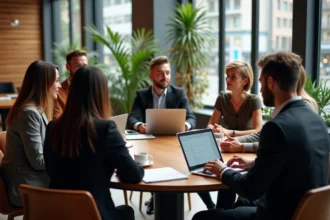 Groupe de professionnels en coworking café dynamique