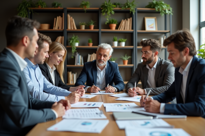 Groupe de professionnels en réunion dans un bureau moderne