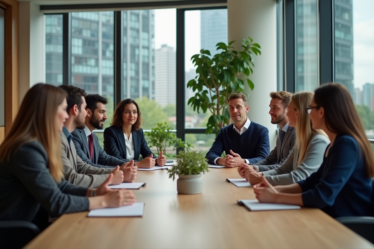 Groupe diversifié en réunion dans un bureau moderne