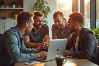 Groupe de membres sportifs discutant en lounge lumineux