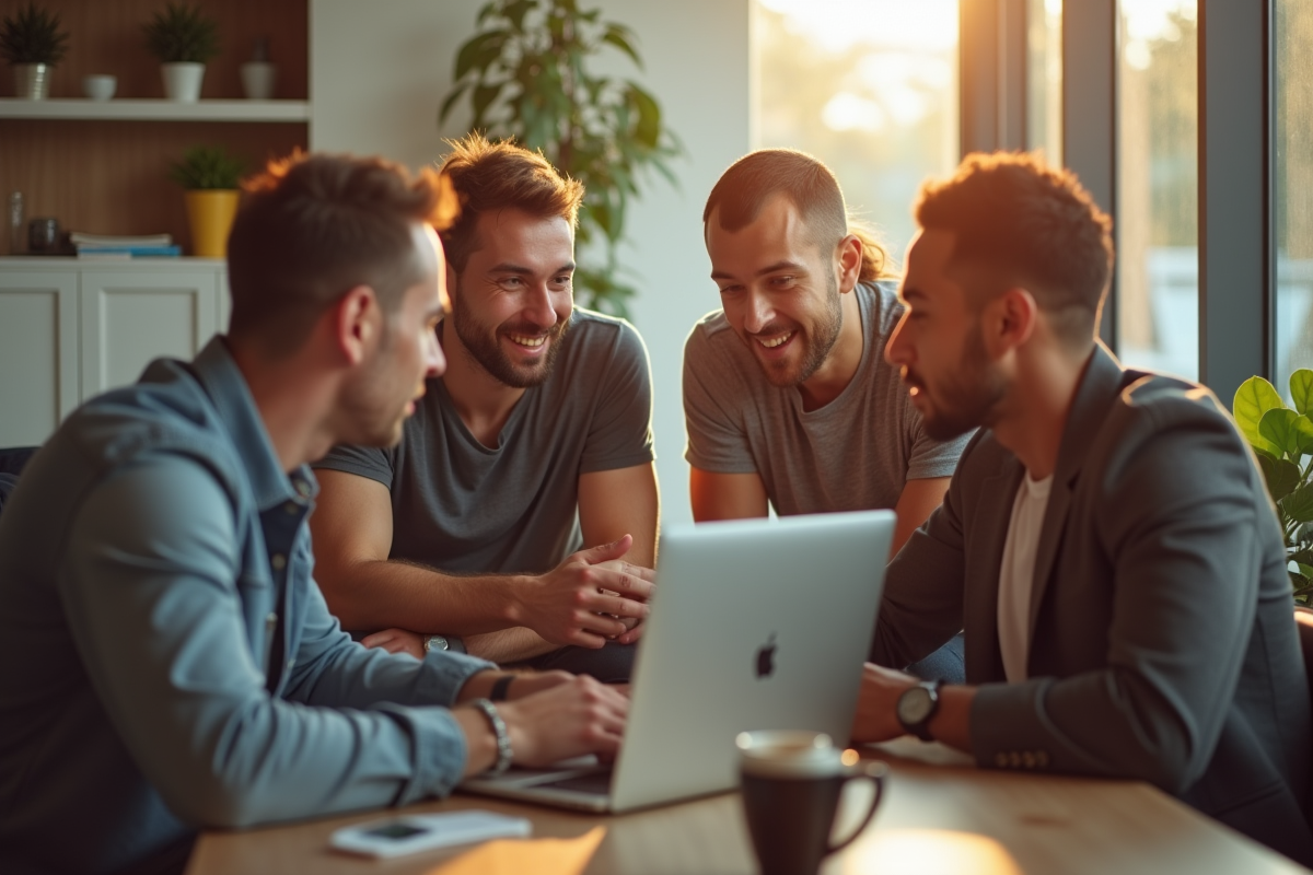 Groupe de membres sportifs discutant en lounge lumineux