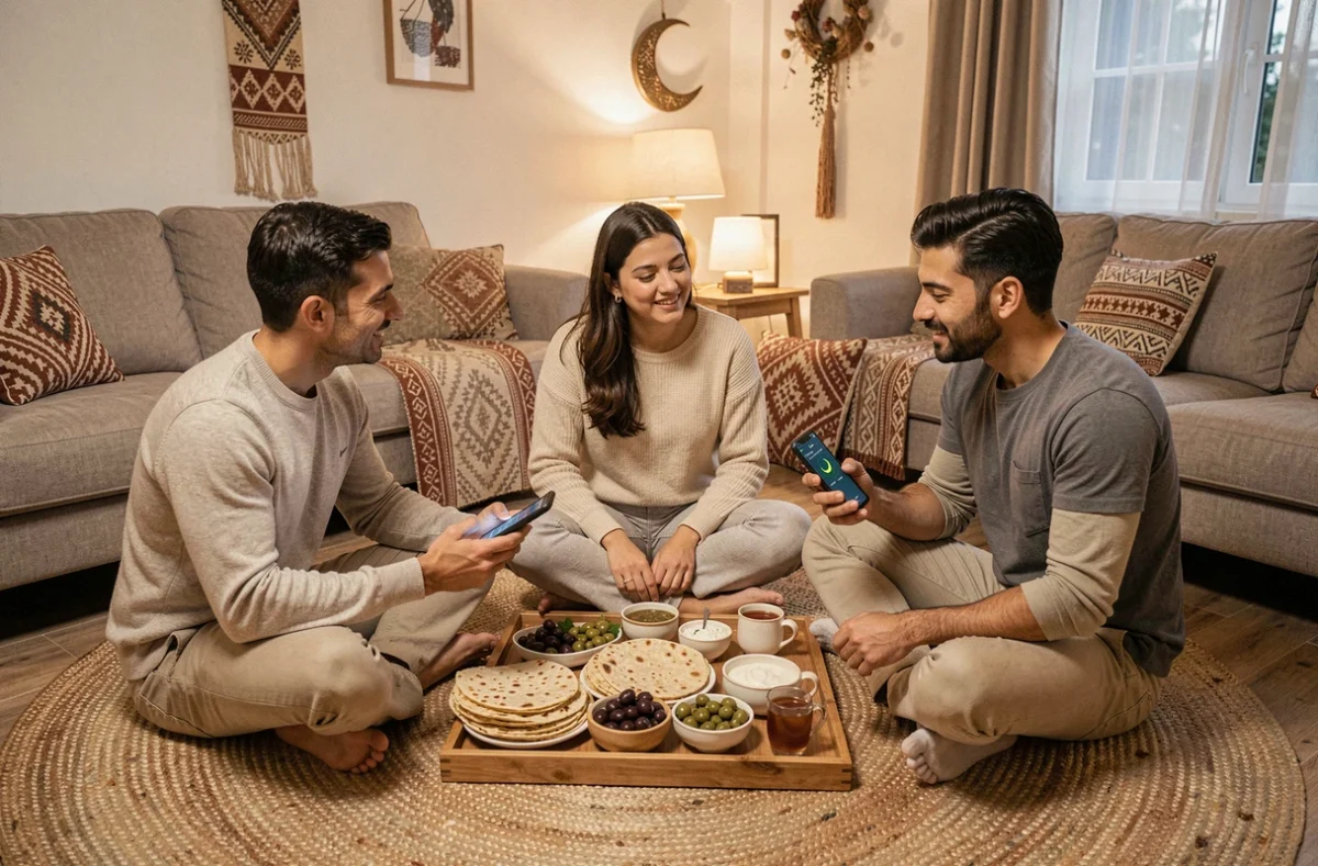 Groupe d'amis partageant un repas de suhour sur un tapis traditionnel pendant le Ramadan avec un téléphone affichant les horaires de jeûne