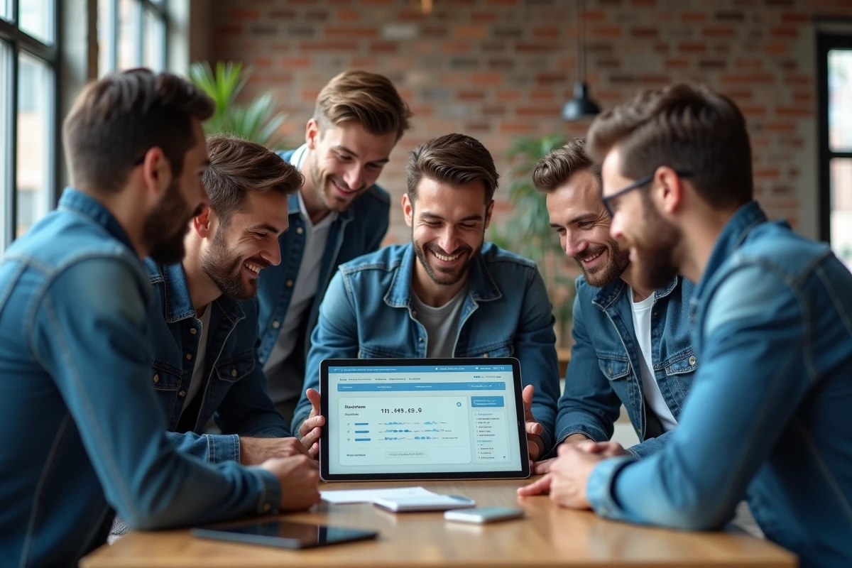 Groupe de professionnels discute avec une tablette numérique