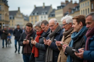 Groupe de personnes dans la ville de Rennes avec bâtiments traditionnels