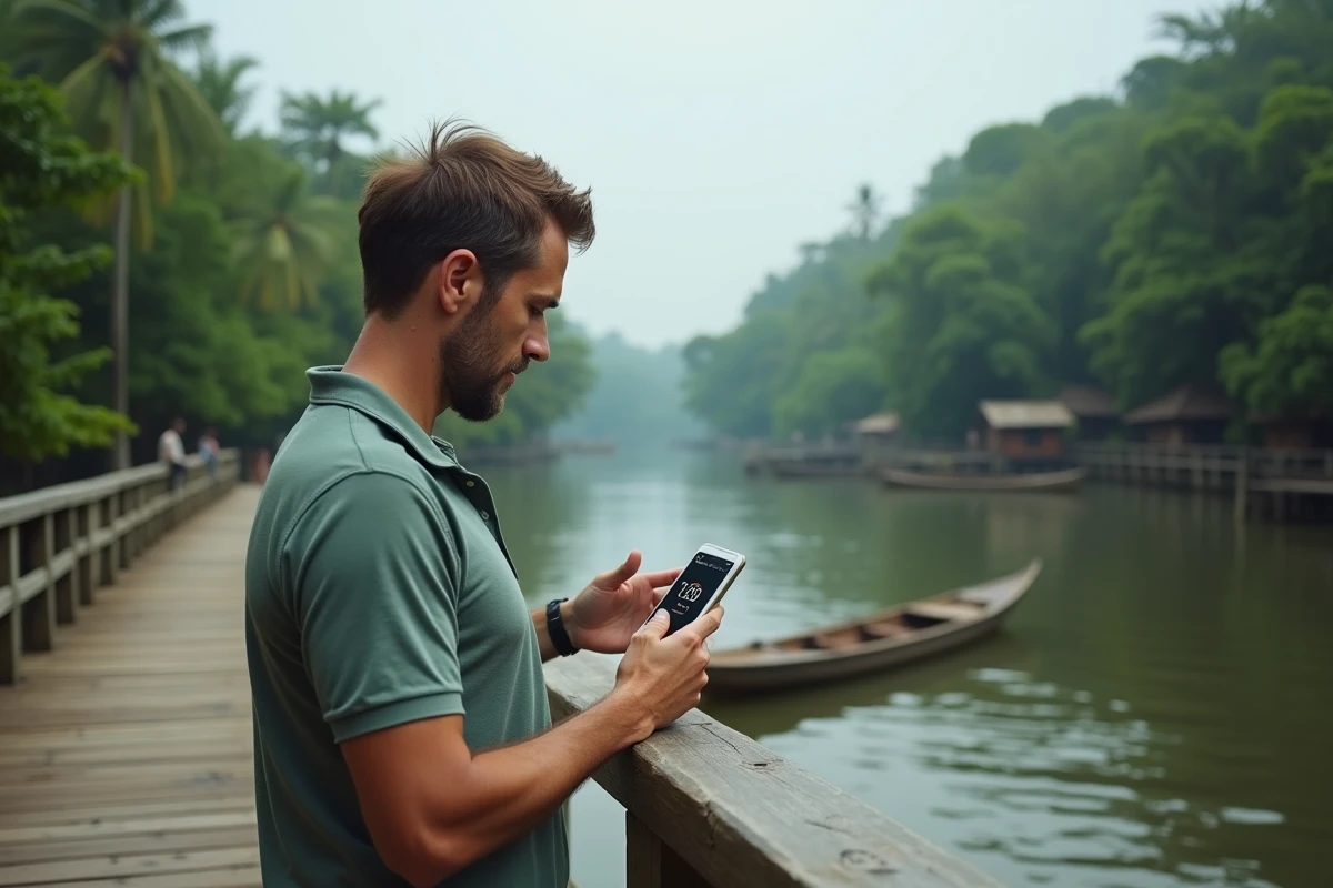 Homme consultant l'heure sur son téléphone depuis un ponton en Guyane française, avec la forêt tropicale amazonienne en arrière-plan