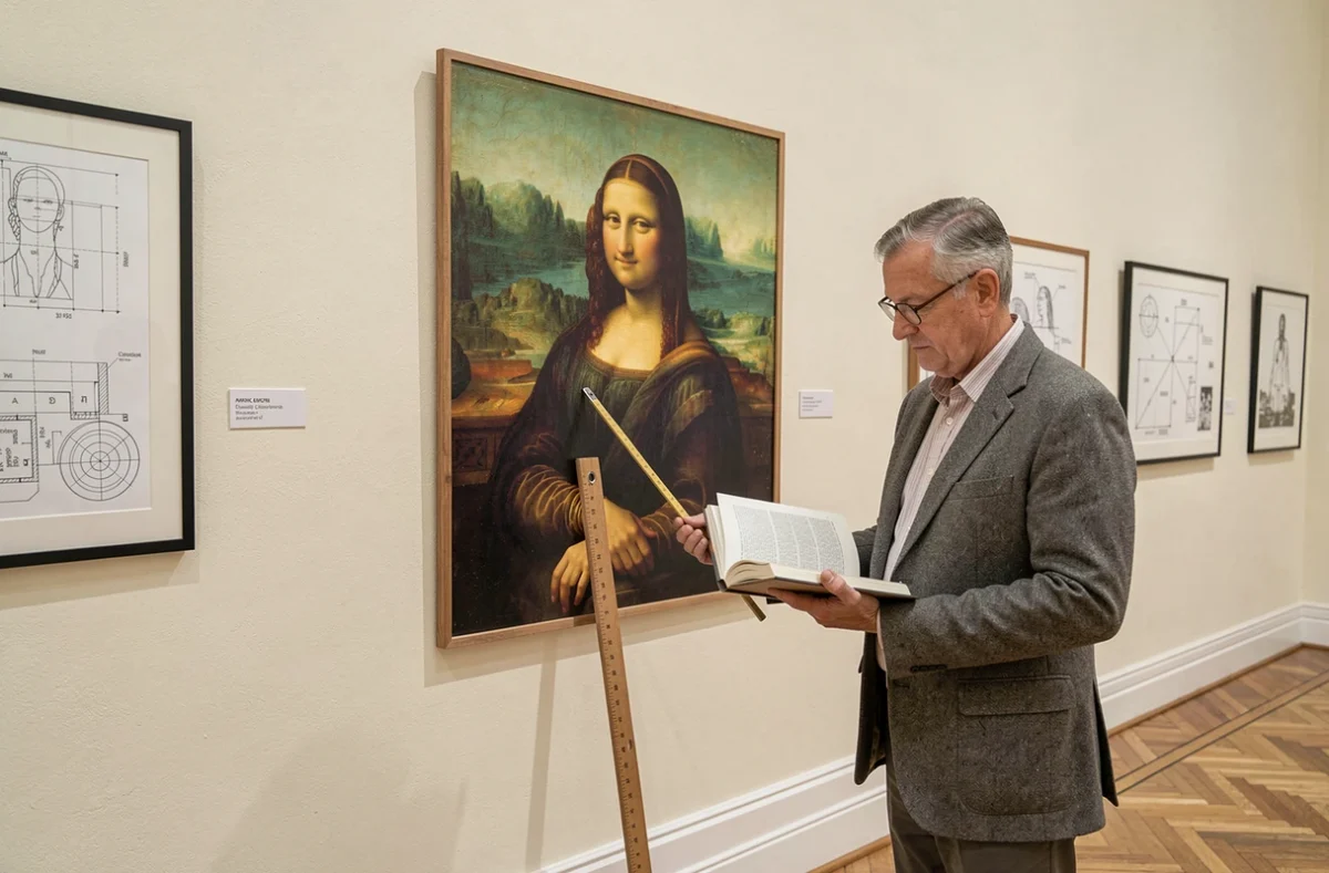 Historien de l'art pointant les dimensions d'une reproduction de la Joconde dans une salle d'exposition muséale