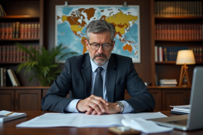 Homme d'affaires en costume examine des documents fiscaux