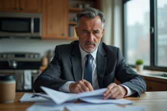 Homme d'affaires inquiet examinant des documents financiers