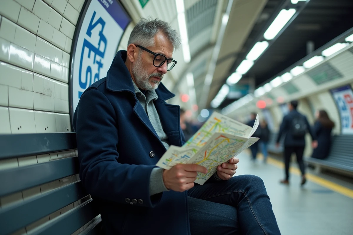 Homme assis dans le métro parisien avec un plan de correspondances RER Île-de-France
