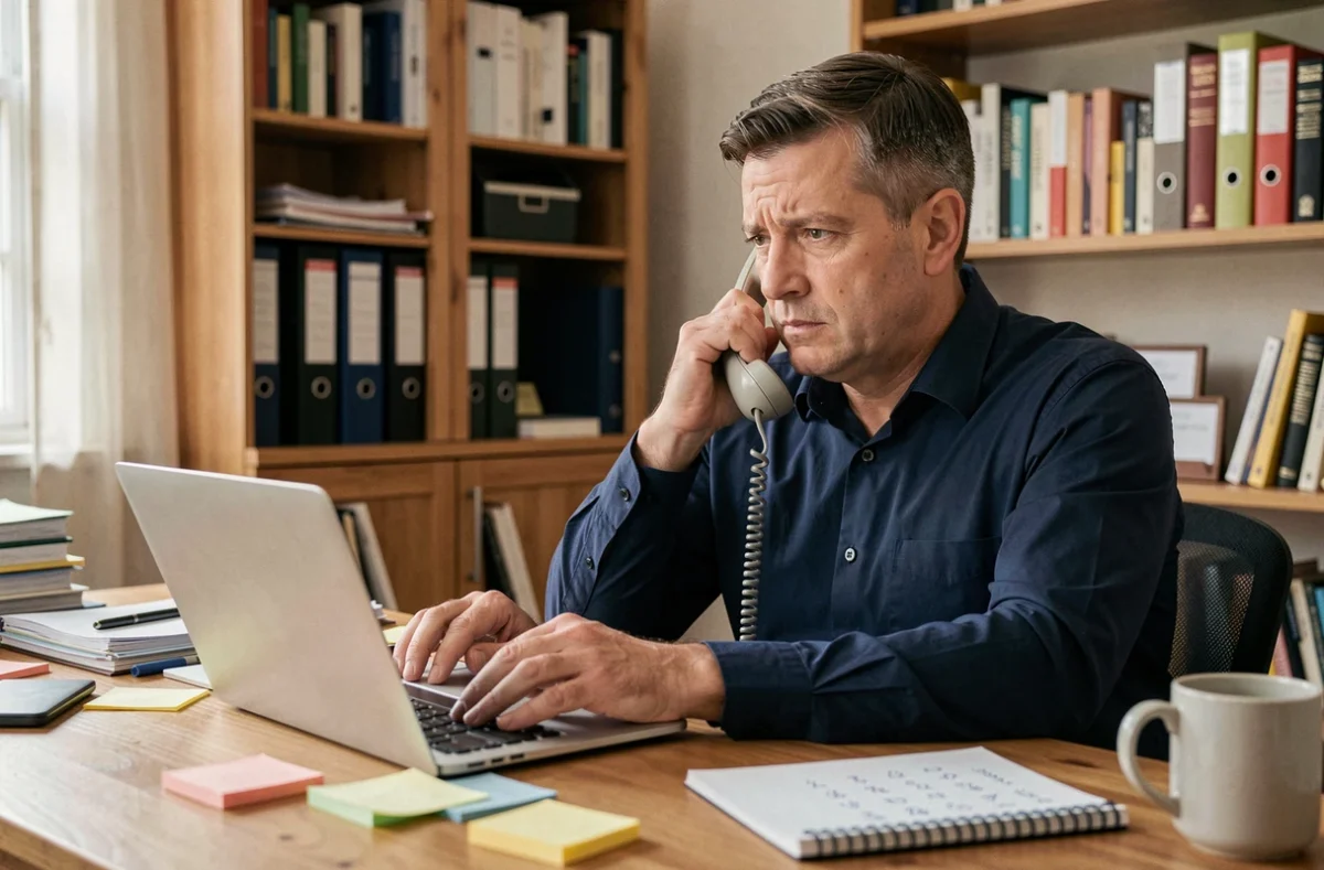 Homme au bureau vérifiant un numéro de démarchage téléphonique suspect sur son ordinateur portable avec un téléphone fixe à la main