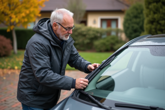 Homme d'âge moyen installant un balai d'essuie-glace sur une voiture moderne