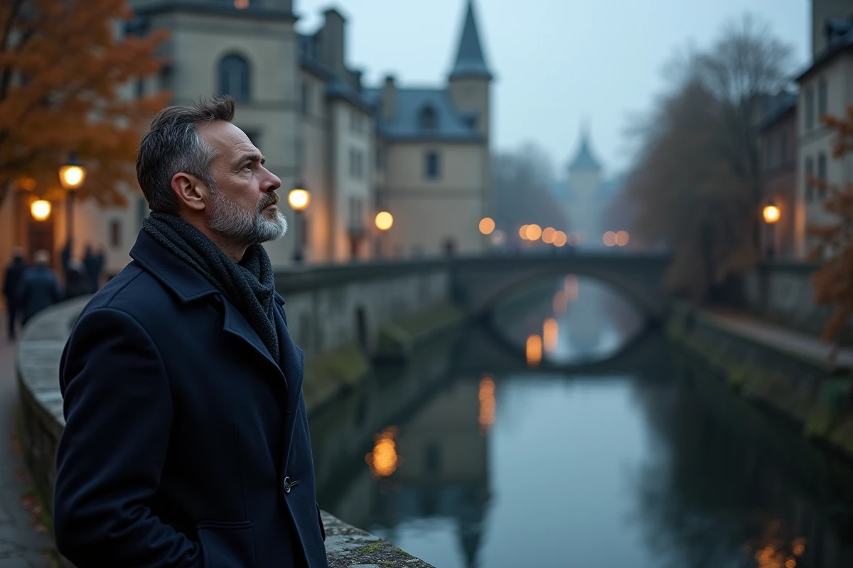 Homme contemplatif sur un pont en pierre au crépuscule, évoquant la recherche de sens spirituel et les synchronicités des flammes jumelles