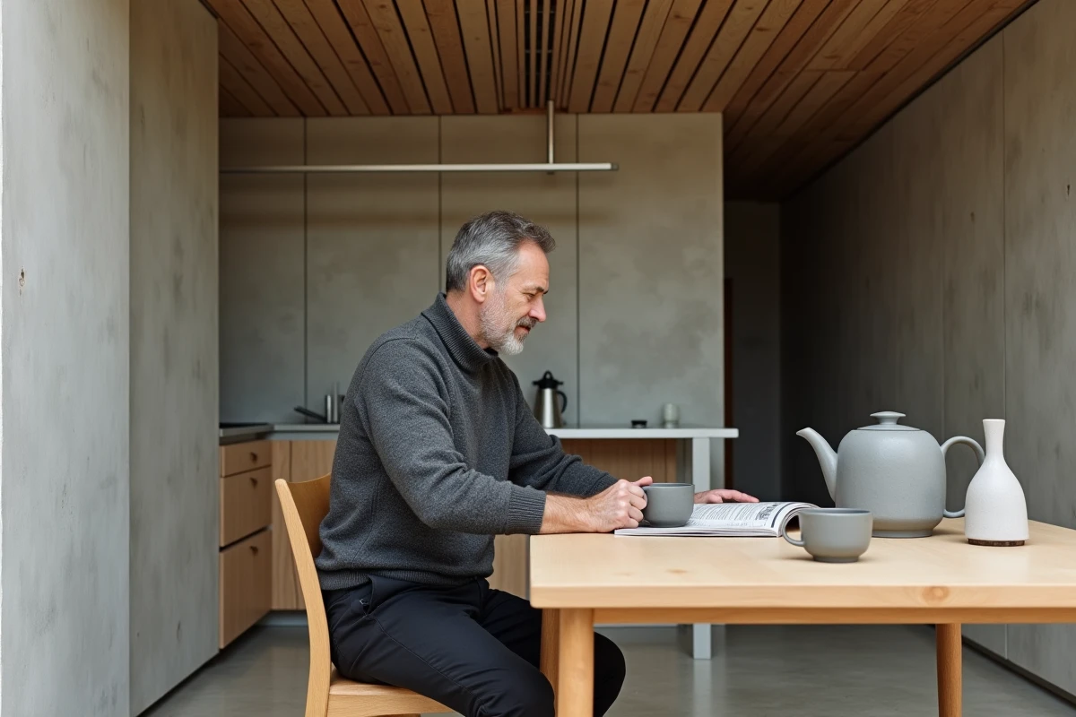 Homme en pull charcoal lisant un journal d