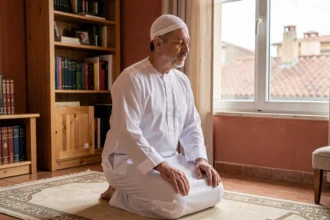 Homme en prière sur un tapis dans un appartement de Toulouse avec vue sur les toits