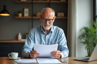Homme d'âge moyen en tenue casual d'affaires examine des documents financiers à la maison