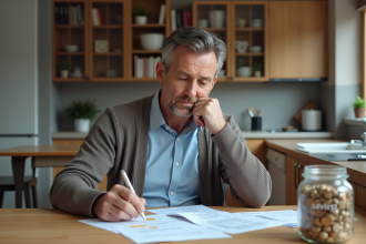 Homme concentré à gérer ses finances dans la cuisine
