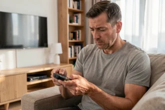 Homme tenant une télécommande Freebox dans les mains et l'inspectant avec attention dans un salon moderne