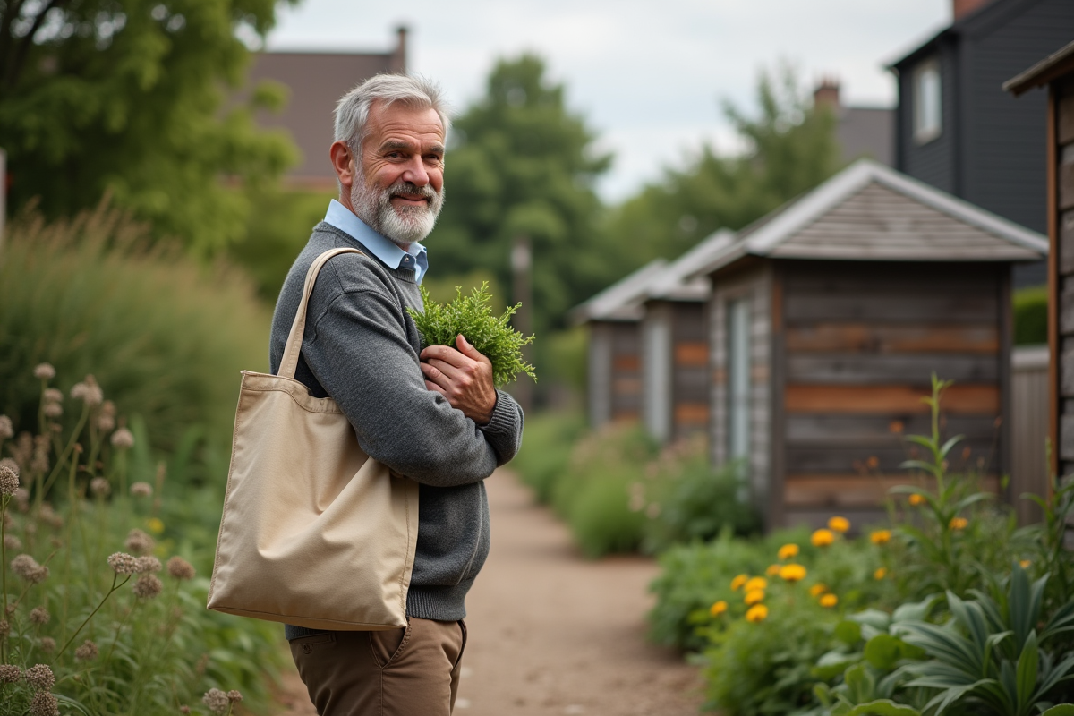 Homme avec pull en laine dans un jardin communautaire urbain