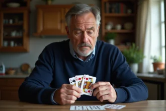 Homme jouant à la belote ou coinche avec des cartes françaises à la maison