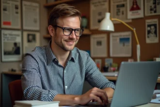 Homme d'âge moyen travaillant sur son ordinateur dans un bureau cosy