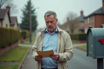 Homme d'âge moyen inspectant une lettre dans une boîte aux lettres