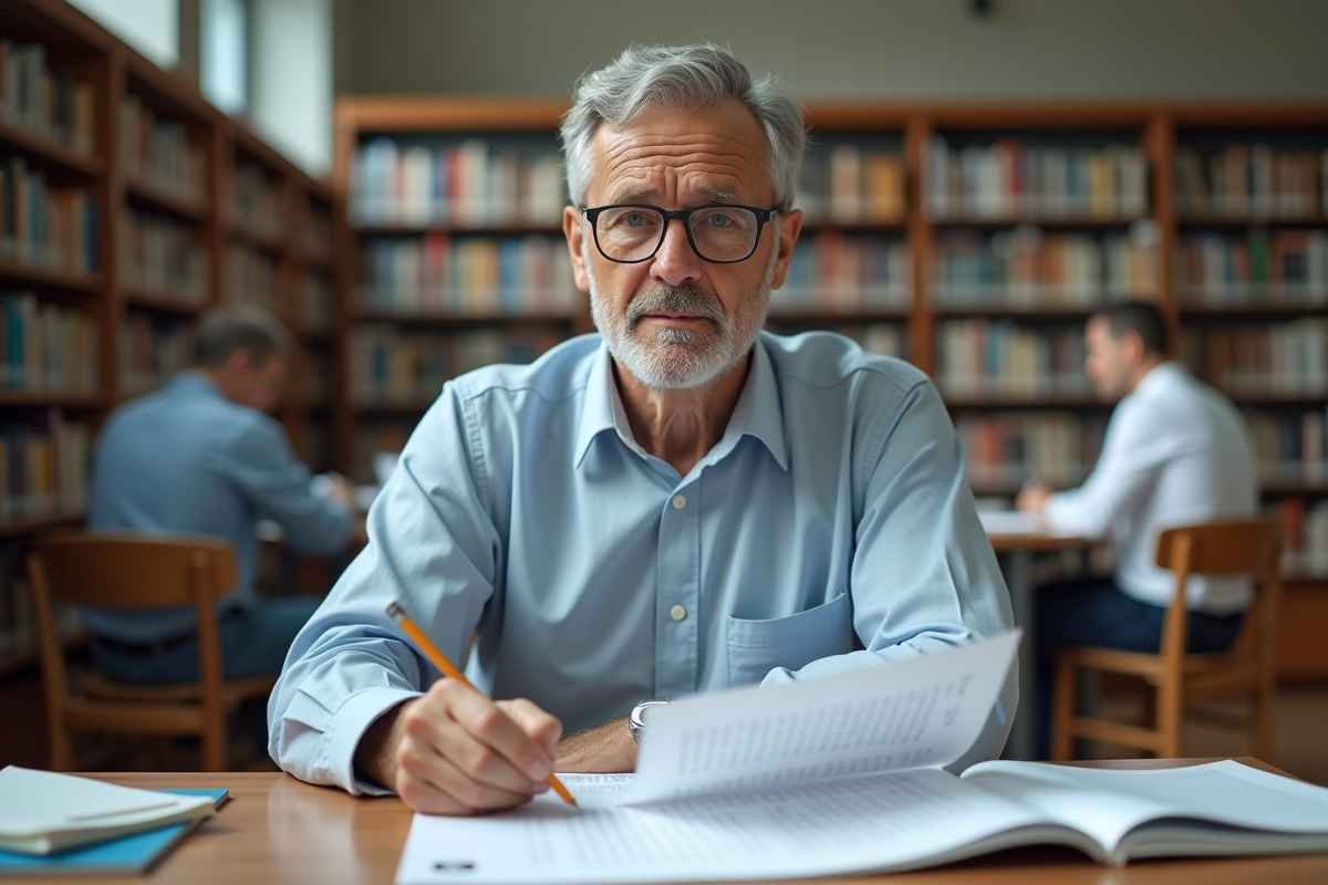 Homme lisant un test IQ dans une bibliothèque