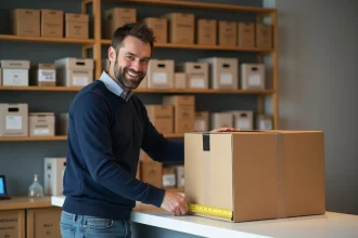 Homme mesurant un colis dans un point Mondial Relay