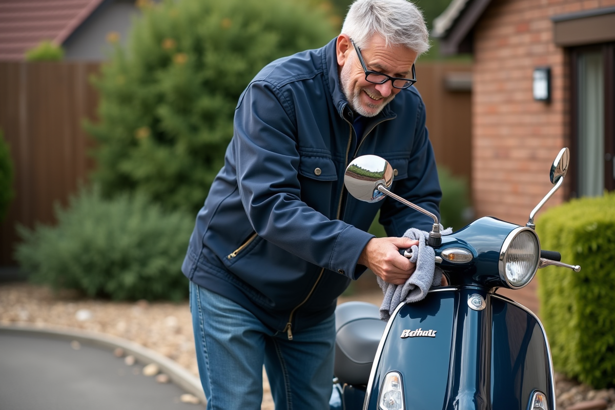 Homme nettoie le chrome d'une mobylette 125cc en extérieur