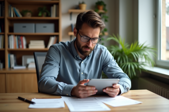 Homme d'âge moyen étudie des annonces immobilières sur une tablette