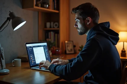 Homme concentré utilisant un ordinateur portable à la maison