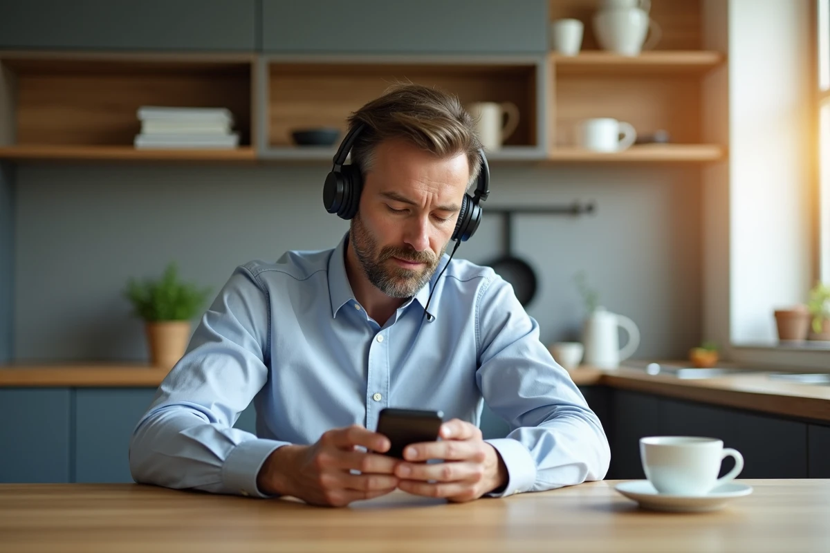 Homme d'âge moyen écoutant un podcast dans une cuisine moderne