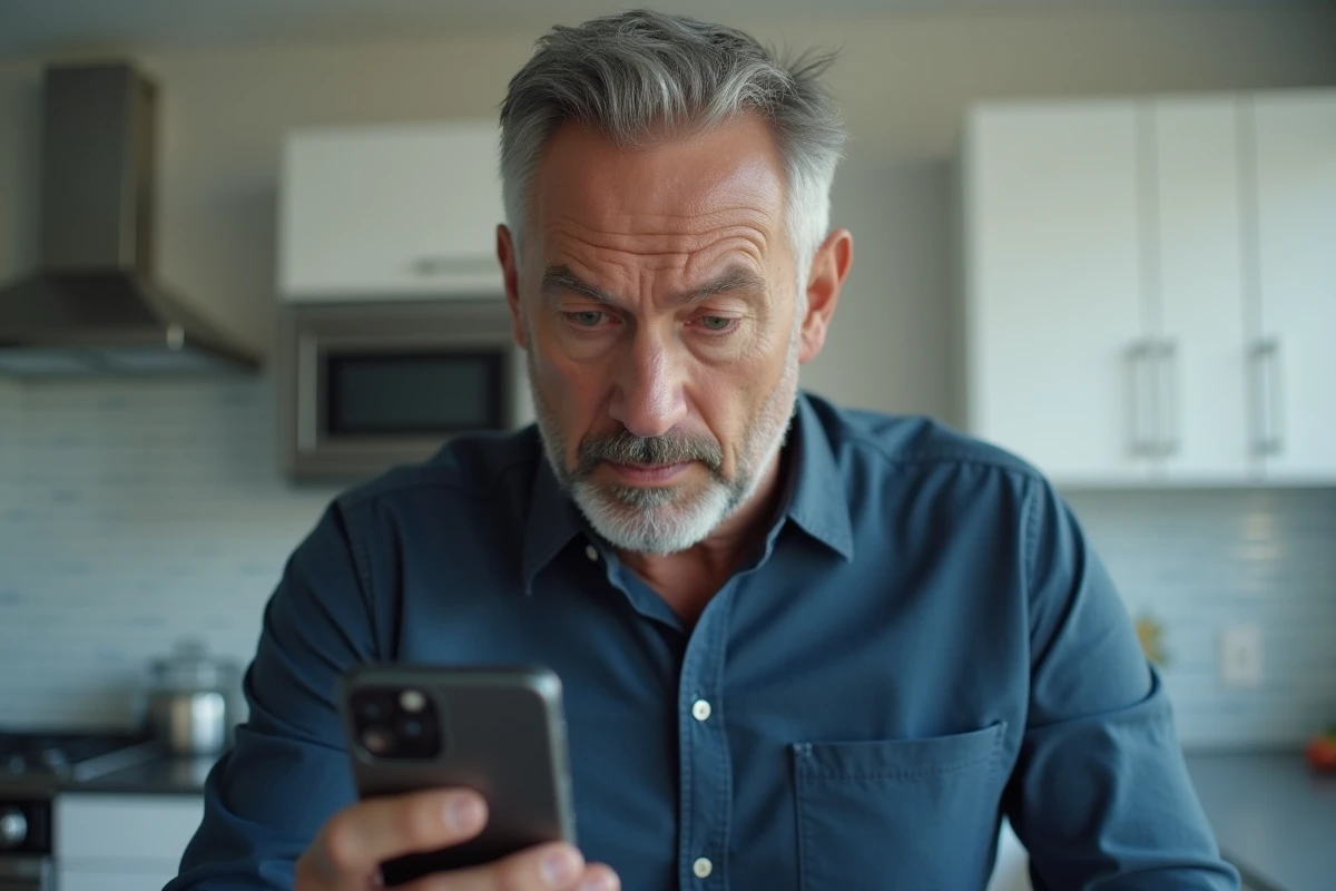 Homme consultant la procédure de réinitialisation de mot de passe EDF ENR sur son smartphone dans une cuisine moderne