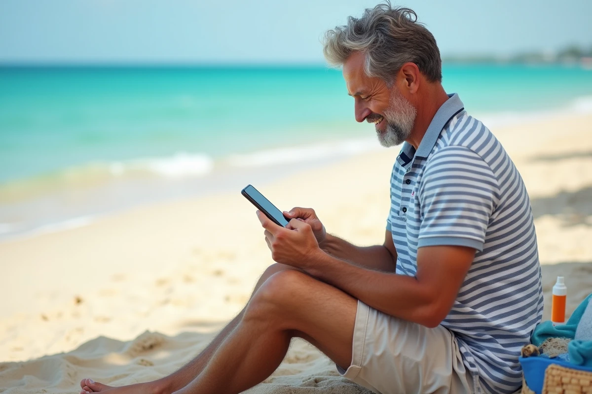 Homme envoyant un SMS de bonnes vacances depuis la plage en été