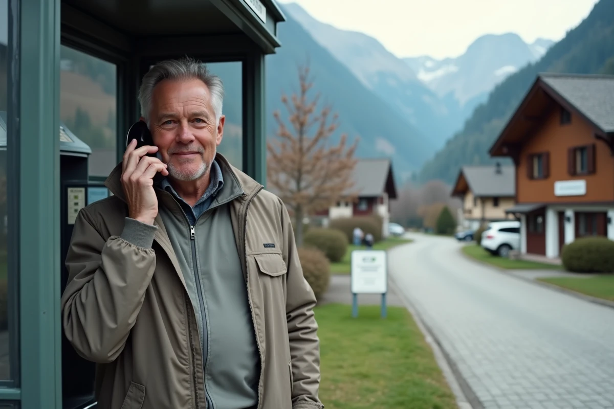 Homme suisse au payphone dans un village alpin