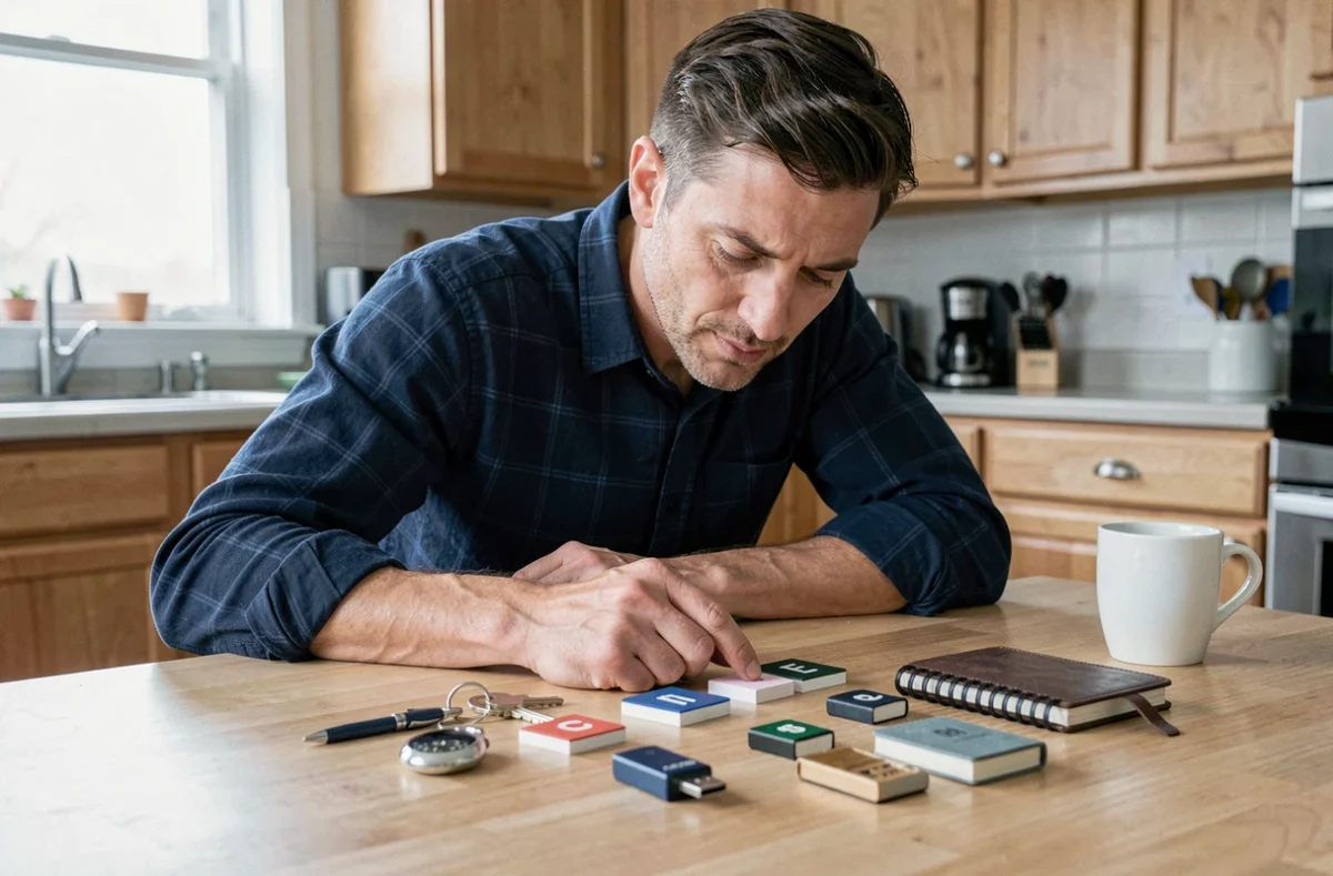 Homme assis à une table de cuisine entouré de petits objets symbolisant les étapes du jeu du trombone