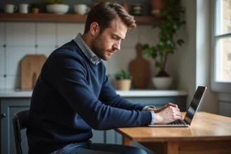 Homme assis à la cuisine avec tablette dans les mains