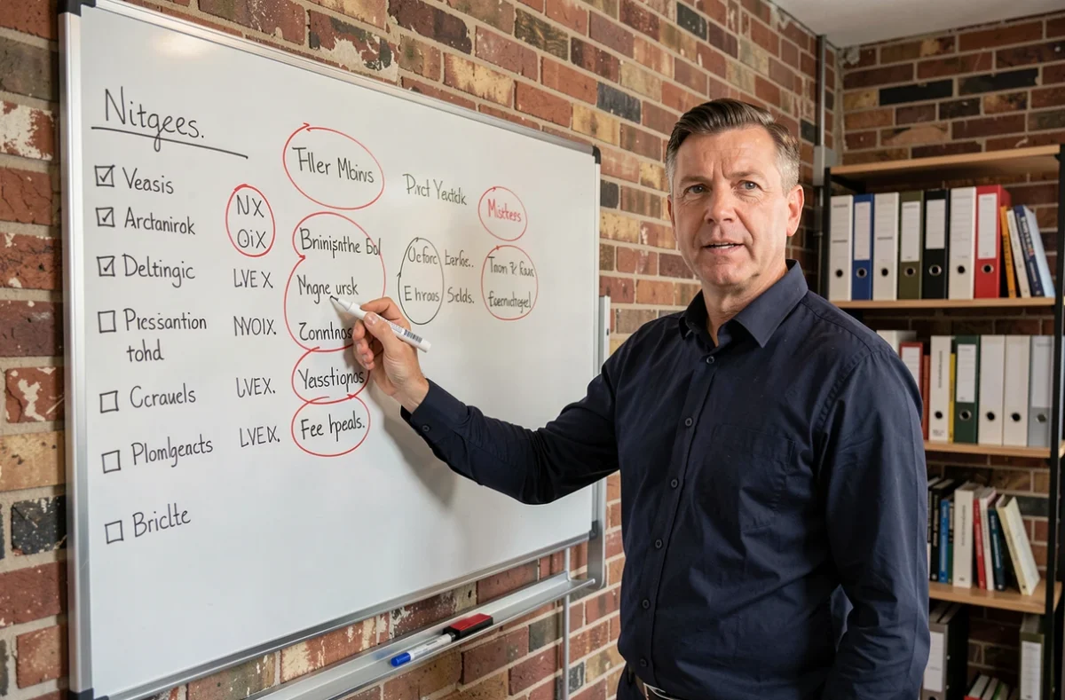 Homme expliquant des bonnes pratiques sur un tableau blanc avec des listes d'erreurs à éviter en entreprise