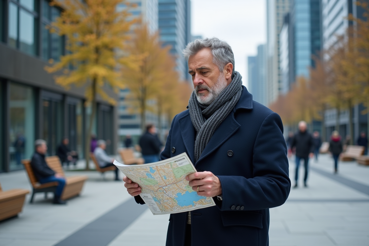 Homme d'âge moyen regardant une carte en ville