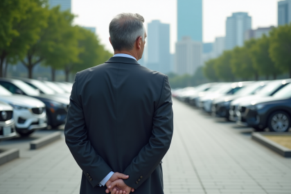 Homme d'âge moyen étudie des voitures modernes en extérieur